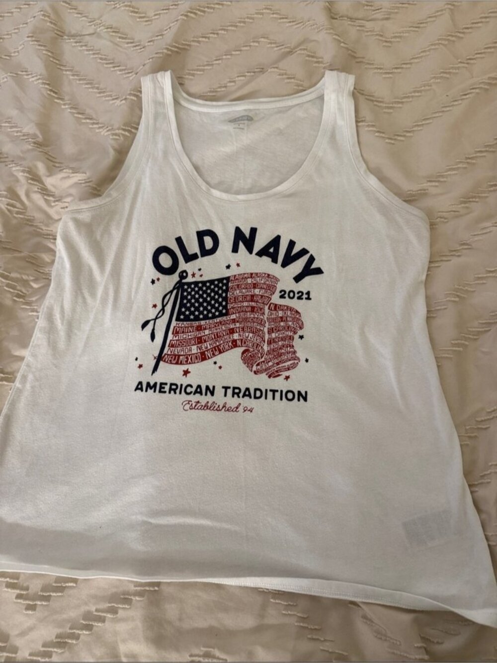 Old Navy White Tank with Red & Navy Flag Graphic
